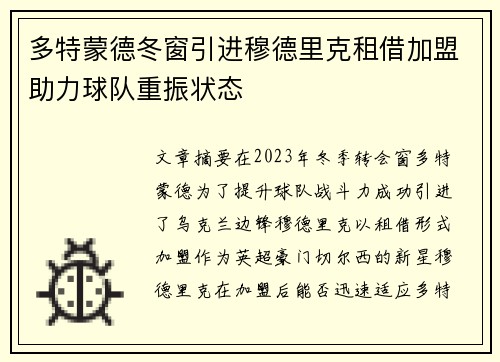 多特蒙德冬窗引进穆德里克租借加盟助力球队重振状态