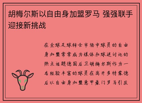 胡梅尔斯以自由身加盟罗马 强强联手迎接新挑战 胡梅尔斯以自由身加盟罗马 强强联手迎接新挑战